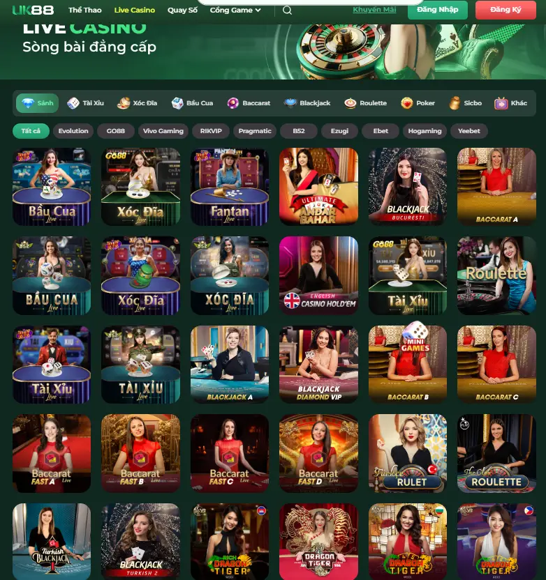 Các Trò Chơi Nổi Bật Tại Live Casino UK88